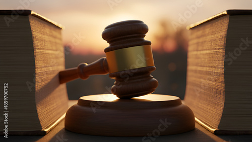 Gavel on Wooden Court Table Symbolizing Justice, Law, and Decision Making in a Judicial Setting

