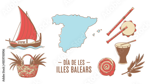 Title: Celebration of the Balearic Islands Day with symbols including a traditional boat, map