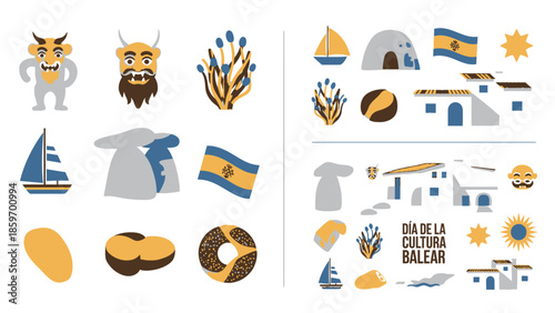 Title: Collection of representing Balearic culture including mythical creatures, buildings, flag