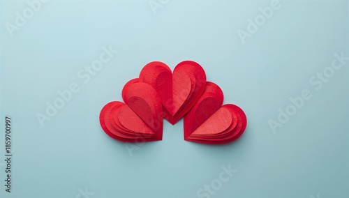 Red Paper Hearts Arranged in a Cluster on a Light Blue Background for a Craft...