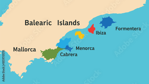 Title: Geographical map of the Balearic Islands showing Mallorca, Menorca, Ibiza, Formentera, and