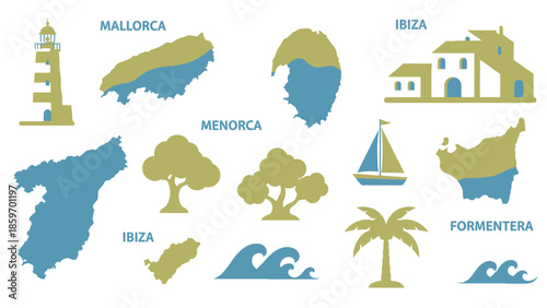 Title: Illustrated map of the Balearic Islands with representing each island's unique