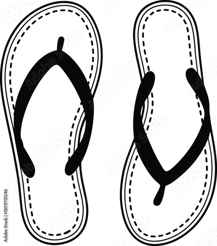 Minimalist flip flops sandals vector illustration in black and white outline style, summer beach footwear icon isolated on white background