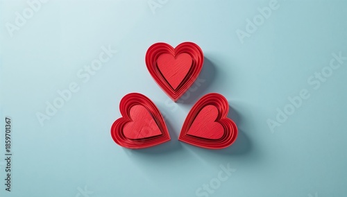 Red Paper Hearts Arranged on a Blue Background With Shadows Beneath Creating ...