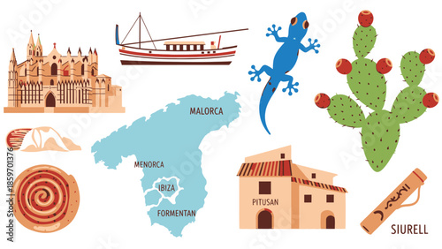 Title: of Mallorca with a castle, boat, map, cactus, gecko, and traditional house on a white