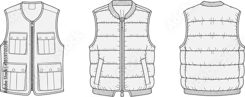 Technical vest and puffer jacket vector illustration showing front and back views, sleeveless winter outerwear fashion flat sketch
