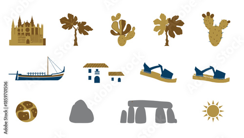Title: Set of brown and blue silhouette of Mediterranean on a white background
