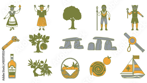 Title: Set of colorful silhouette of people, and nature on a white background