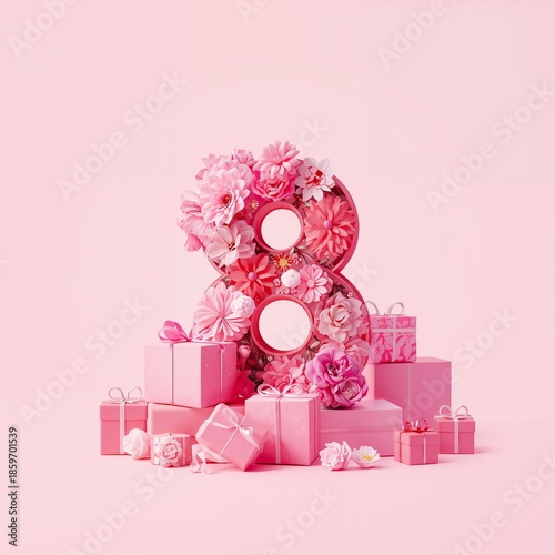 Number 8 Made of Flowers With Pink Gifts and Flowers in a Festive Setting