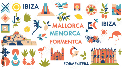 Title: A collection of cultural symbols and representing the Balearic Islands including