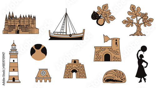 Title: A collection of various and symbols representing the Balearic Islands including