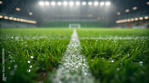 Rainy soccer field with stadium lights and goal grass