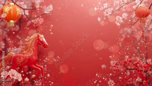 Red Background With Horse Figure and Flowers for Celebration in Traditional S...