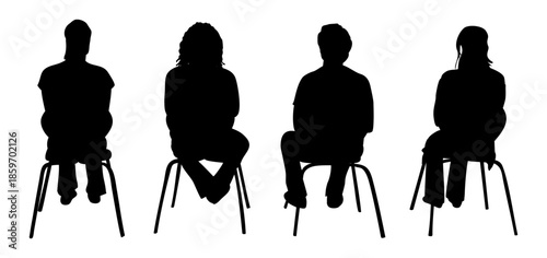 Black vector silhouettes of different people sitting on chairs seen from behind, minimal back view figures isolated on transparent background.