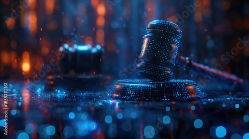 Conceptual Judge Gavel with Glowing Blue Binary Code Strips Representing Digital Justice Cyber Law and AI Regulation on Circuit Board Surface