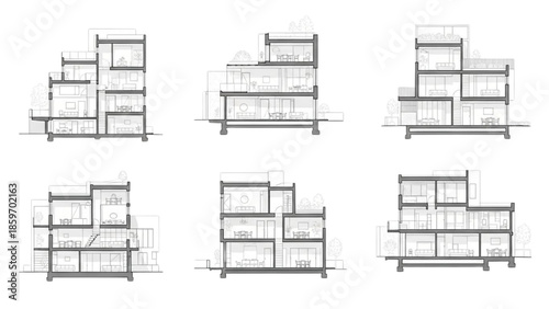 Architectural cross-sections of multi-level buildings, showcasing diverse structural designs and interior layouts