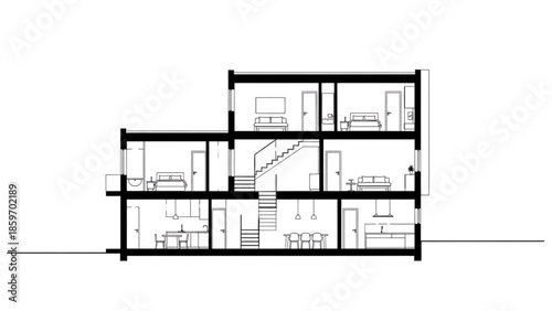 Architectural cross-section of a modern multi-story residential building