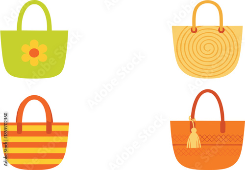 Summer beach bag vector set featuring colorful tote bags with floral patterns stripes woven textures and tassels isolated on white.