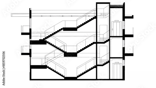 Architectural cross-section showcasing a modern building's internal staircase and elevator system
