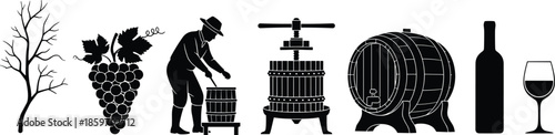 Black silhouette set of winemaking process icons featuring grapes vineyard worker wine press barrel bottle and glass on white background.