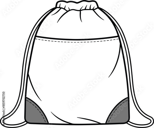 Black and white drawstring backpack vector illustration, minimalist gym sack bag outline icon isolated on white background template design