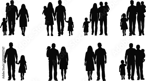 Black silhouette set of diverse families with children walking and standing together isolated on white background for community concept design.