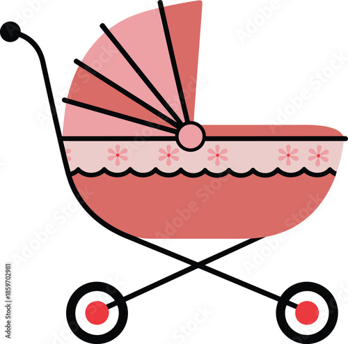 Pink baby stroller pram illustration isolated on white background, cute newborn carriage pushchair icon, parenting childcare concept, flat vector designPink  