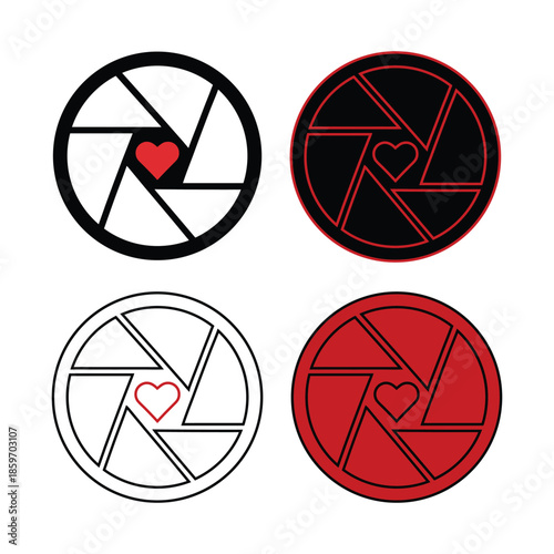 Camera Shutter Heart Logo Design - Romantic Photography and Shutter Icons for Wedding and Visual Arts