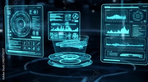 Futuristic Holographic Displays with Spaceship 3D Model and Data Analysis UI