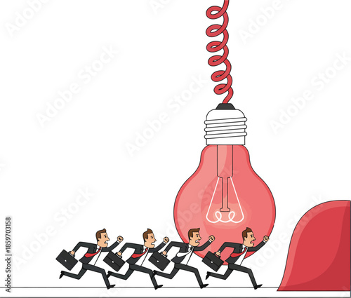 Race to Innovation: A team of dynamic business professionals eagerly pursues a brilliant, glowing lightbulb, symbolizing innovation and the relentless pursuit of novel ideas.