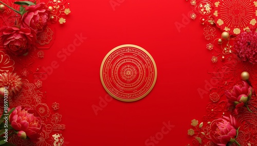 Decorative Red Background With Golden Circle and Flowers for a Celebration