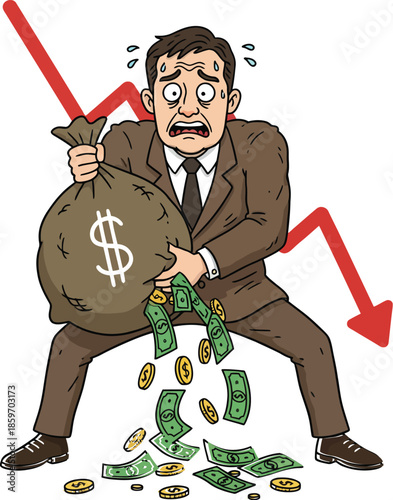 Financial Strain: An individual, embodying the struggle of economic downturn, desperately clutches a money bag with currency spilling out.