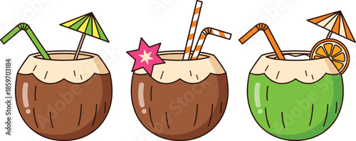 Tropical coconut drink vector set featuring fresh coconut water cocktails with straws umbrellas starfruit and orange slices isolated on white.