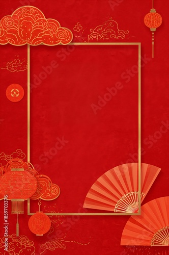 Decorative Red Background With Golden Circle and Flowers for a Celebration