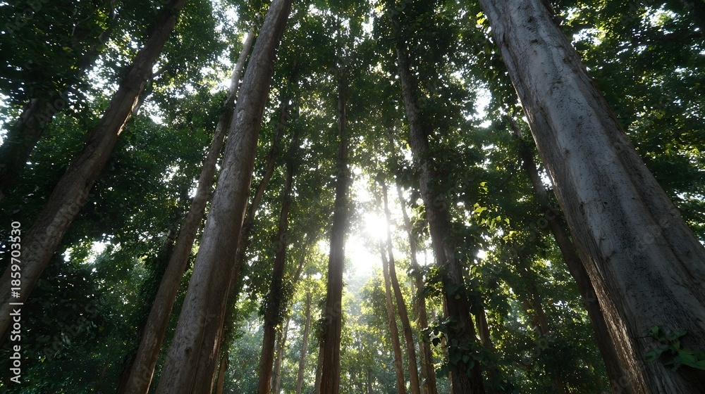Fototapeta premium Sunlight filters through a dense green forest canopy illuminating towering tree trunks