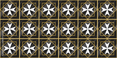 Repeating pattern of white Maltese crosses in gold geometric frames