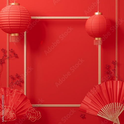Red Frame With Fan and Lantern on Wall With Flowers and Clouds for Festive De...