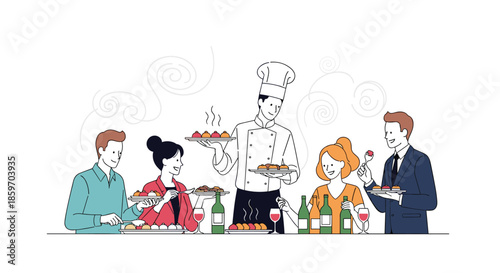 Professional chef in uniform serving a variety of delicious hors d'oeuvres and wine to a group of happy friends at an elegant social event.