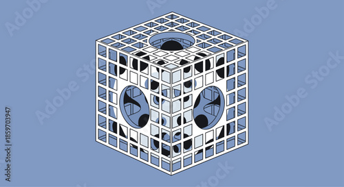 Isometric 3D wireframe cube structure featuring circular holes on each face revealing floating spheres and complex internal geometry patterns.