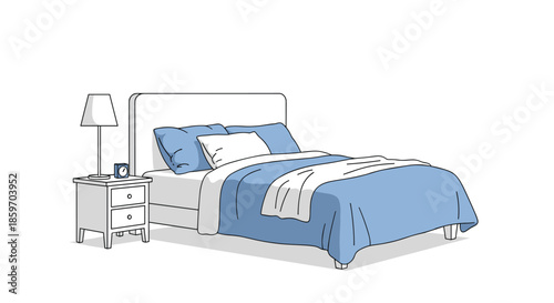 Cozy bedroom setup features a comfortable bed with blue linens, pillows, a nightstand with a lamp, and an alarm clock.