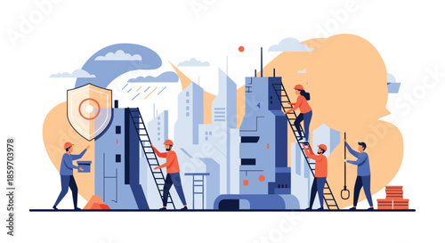 Team of construction workers in safety gear collaborate to build modern city skyscrapers using ladders and protective shields.