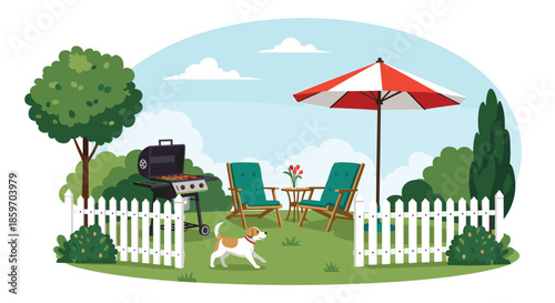 Peaceful backyard garden features a white picket fence, a barbecue grill, comfortable lounge chairs, and a playful dog on the grass.