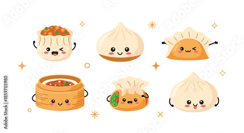 Collection of cute cartoon dim sum characters with expressive faces including dumplings, bao buns, and shumai on a white background.