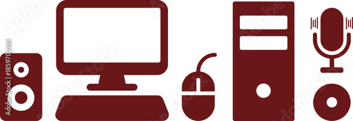 vector illustration of a computer, speaker, mouse, system, disk, microphone with blank screen