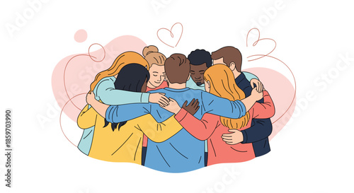 Group of diverse people from different ethnicities stand in a circle and embrace in a collective hug to show unity and support.
