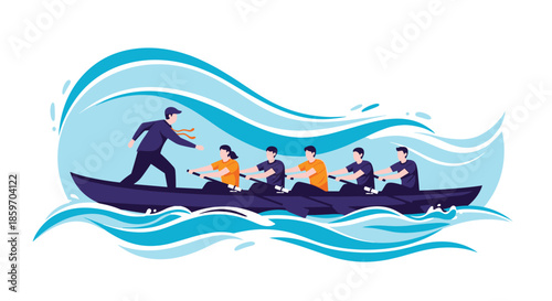 Unified group of rowers working together in a racing boat guided by a leader through large ocean waves representing teamwork and leadership.
