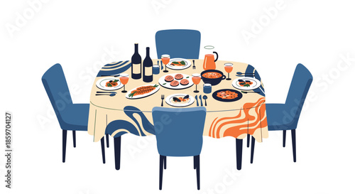 Beautifully set dinner table with diverse delicious food platters, wine bottles, and chairs ready for a festive family meal or celebration.