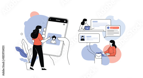 Two women communicating through a mobile application on a smartphone for instant messaging and video calling in a digital environment.