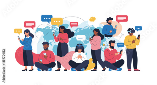 Global community of diverse people using smartphones and virtual reality headsets for communication and social networking across the world.