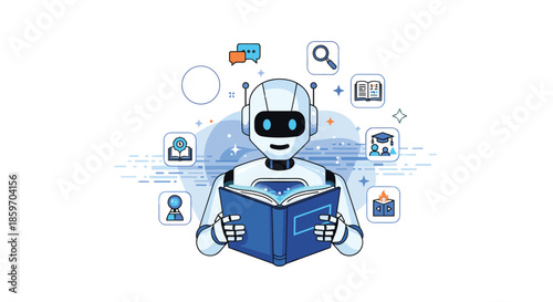 Intelligent white robot holding and reading a large book surrounded by various digital educational icons representing artificial intelligence.